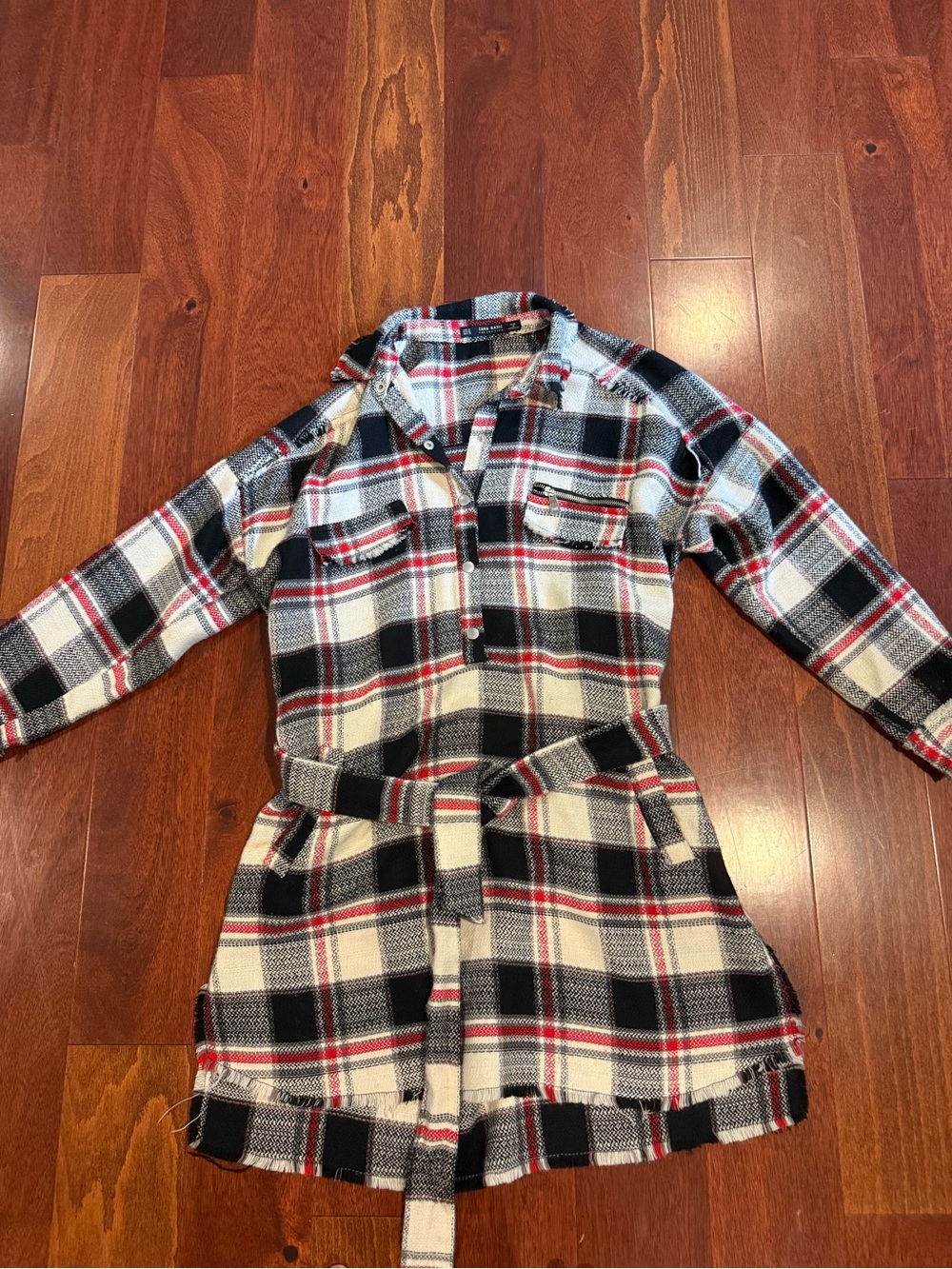 Zara Black, White & Red Plaid Shirt Dress with Tie Waist